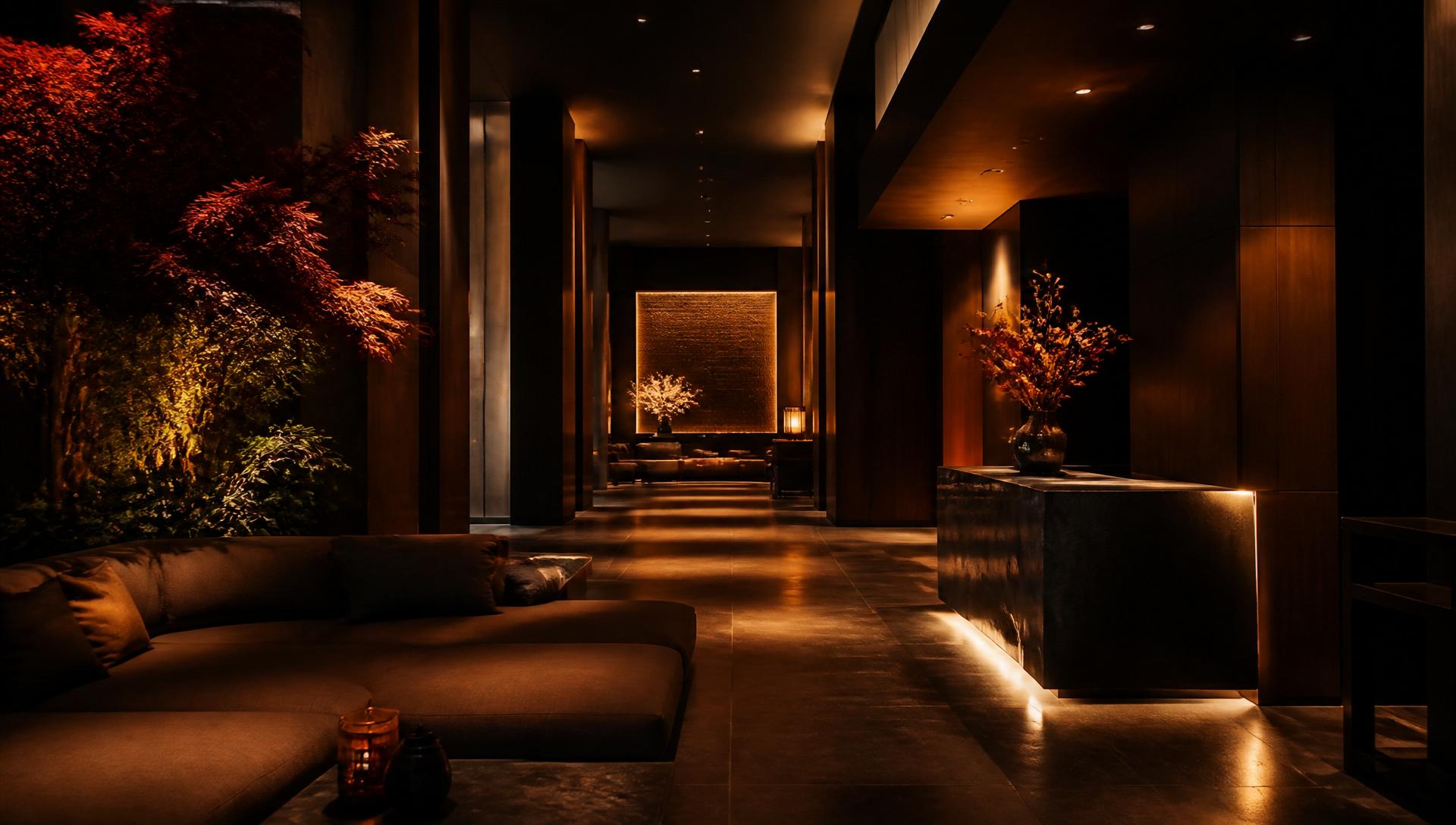 Dunkle Hotel-Lobby mit warmem Licht